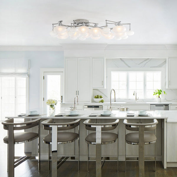 Chandelierias - Mid - century 12 - Light Ellipsoid Frosted Glass Semi - Flush Mount - Chandeliers - Brass -