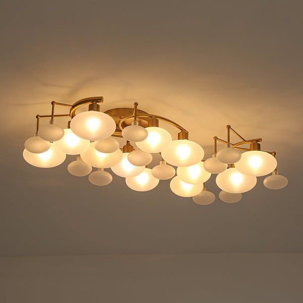 Chandelierias - Mid - century 12 - Light Ellipsoid Frosted Glass Semi - Flush Mount - Chandeliers - Brass -