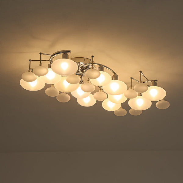 Chandelierias - Mid - century 12 - Light Ellipsoid Frosted Glass Semi - Flush Mount - Chandeliers - Nickel -