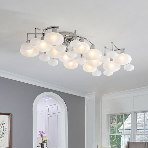 Chandelierias - Mid - century 12 - Light Ellipsoid Frosted Glass Semi - Flush Mount - Chandeliers - Nickel -