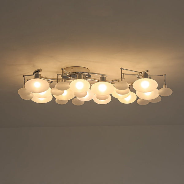 Chandelierias - Mid - century 12 - Light Ellipsoid Frosted Glass Semi - Flush Mount - Chandeliers - Nickel -