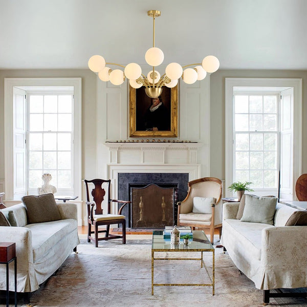 Chandelierias - Mid - century 12 - Light Firework Blooming Frosted Glass Globe Chandelier - Chandelier - Brass -