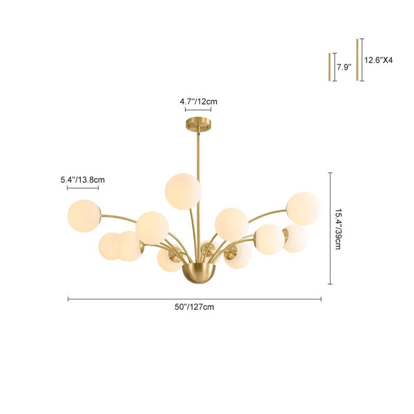Chandelierias - Mid - century 12 - Light Firework Blooming Frosted Glass Globe Chandelier - Chandelier - Brass -
