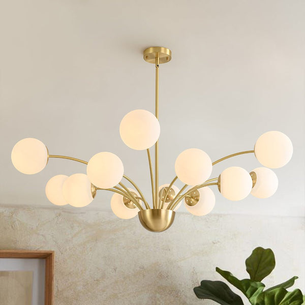 Chandelierias - Mid - century 12 - Light Firework Blooming Frosted Glass Globe Chandelier - Chandelier - Brass -