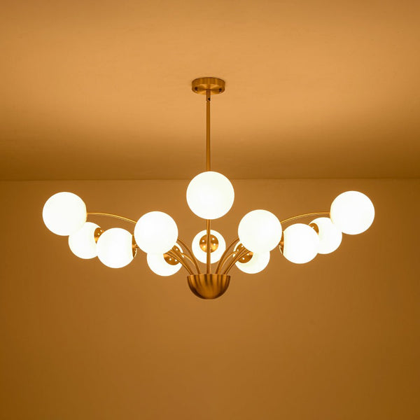 Chandelierias - Mid - century 12 - Light Firework Blooming Frosted Glass Globe Chandelier - Chandelier - Brass -