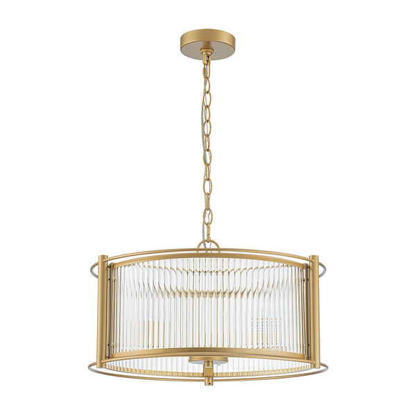 Chandelierias - Mid - century 3 - Light Clear Striped Glass Drum Pendant - Pendant - Gold -