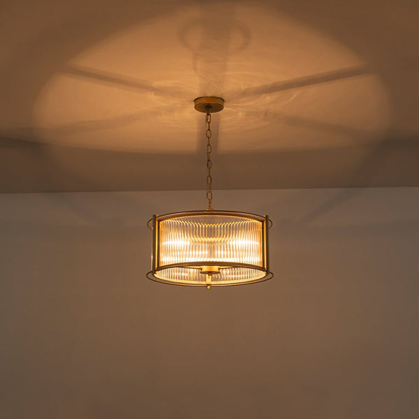 Chandelierias - Mid - century 3 - Light Clear Striped Glass Drum Pendant - Pendant - Gold -