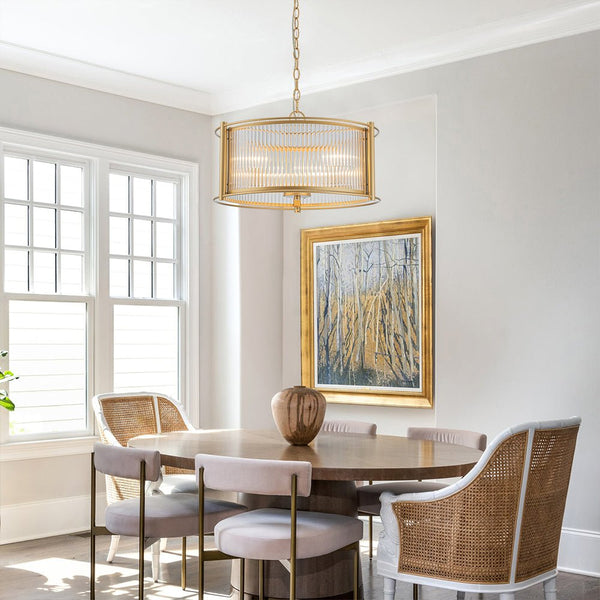 Chandelierias - Mid - century 3 - Light Clear Striped Glass Drum Pendant - Pendant - Gold -