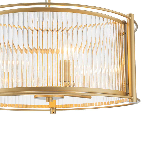 Chandelierias - Mid - century 3 - Light Clear Striped Glass Drum Pendant - Pendant - Gold -