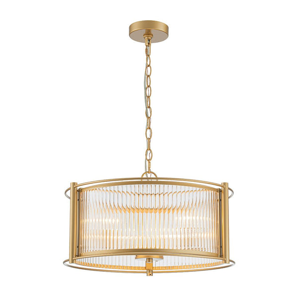Chandelierias - Mid - century 3 - Light Clear Striped Glass Drum Pendant - Pendant - Gold -