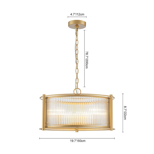 Chandelierias - Mid - century 3 - Light Clear Striped Glass Drum Pendant - Pendant - Gold -