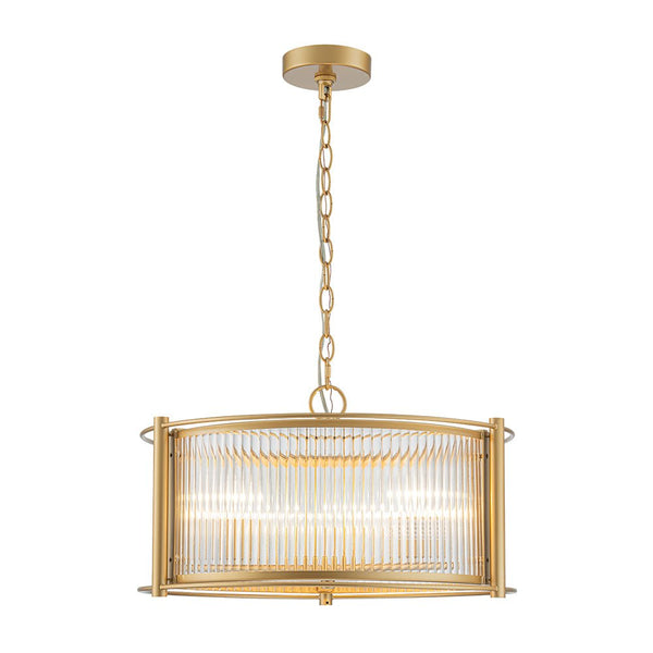 Chandelierias - Mid - century 3 - Light Clear Striped Glass Drum Pendant - Pendant - Gold -