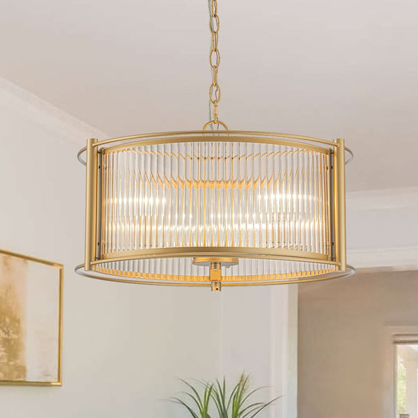 Chandelierias - Mid - century 3 - Light Clear Striped Glass Drum Pendant - Pendant - Gold -