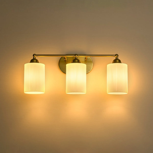 Chandelierias-Mid-Century 3-Light Cylinder Frosted Opal Ribbed Glass Bathroom Vanity Sconce-Wall Light-3-Light-