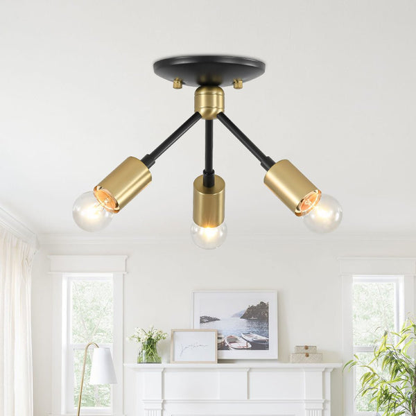 Chandelierias - Mid - century 3 - Light Petite Black Brass Sputnik Semi - Flush Mount - Semi Flush - Black & Brass -