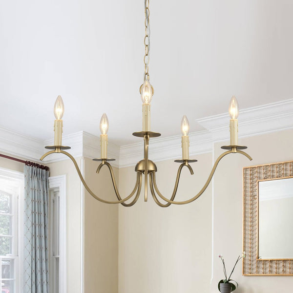 Chandelierias - Mid - century 5 - Light Candle Style Swooping Arm Chandelier - Chandelier - Brass -