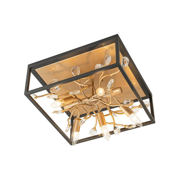 Chandelierias - Mid - century 5 - Light Square Branch Crystal Semi - Flush Mount - Semi Flush - Black & Gold -