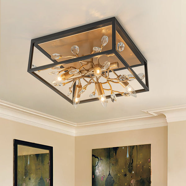 Chandelierias - Mid - century 5 - Light Square Branch Crystal Semi - Flush Mount - Semi Flush - Black & Gold -