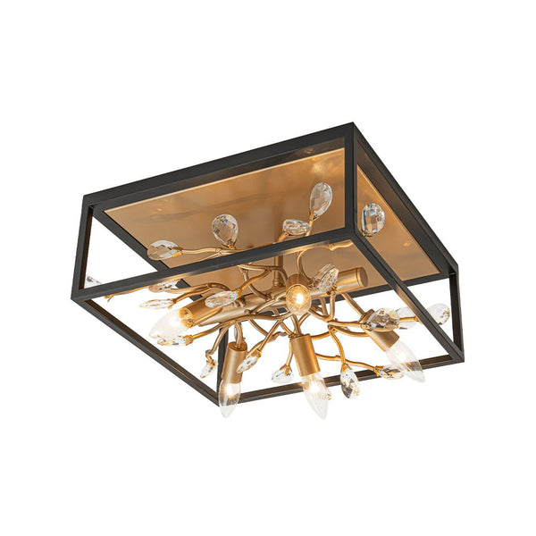 Chandelierias - Mid - century 5 - Light Square Branch Crystal Semi - Flush Mount - Semi Flush - Black & Gold -