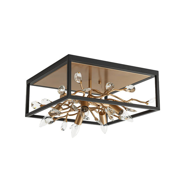 Chandelierias - Mid - century 5 - Light Square Branch Crystal Semi - Flush Mount - Semi Flush - Black & Gold -