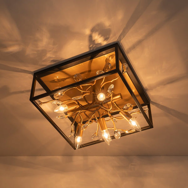 Chandelierias - Mid - century 5 - Light Square Branch Crystal Semi - Flush Mount - Semi Flush - Black & Gold -