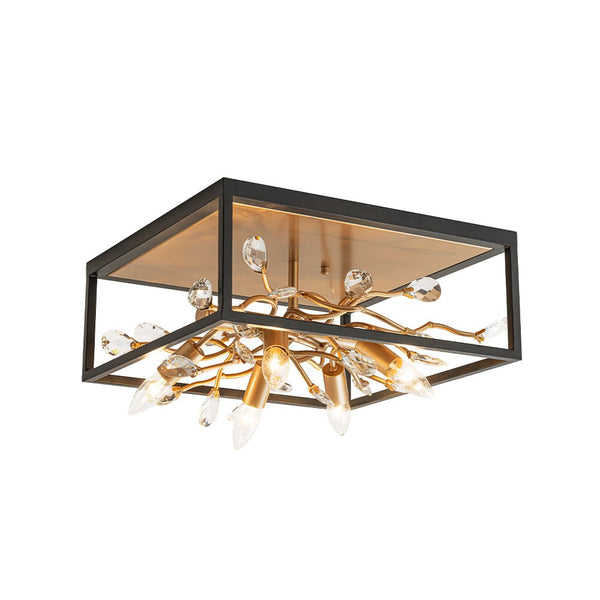 Chandelierias - Mid - century 5 - Light Square Branch Crystal Semi - Flush Mount - Semi Flush - Black & Gold -