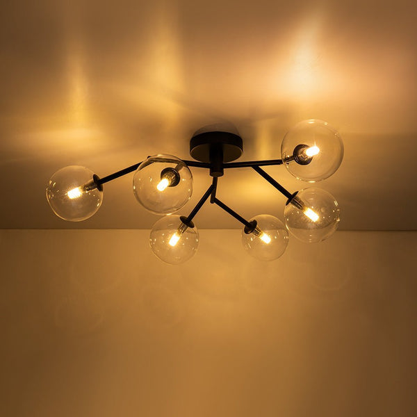 Chandelierias - Mid - century 6 - Light Clear Glass Globe Branch Semi - Flush Mount - Semi Flush - Gold -