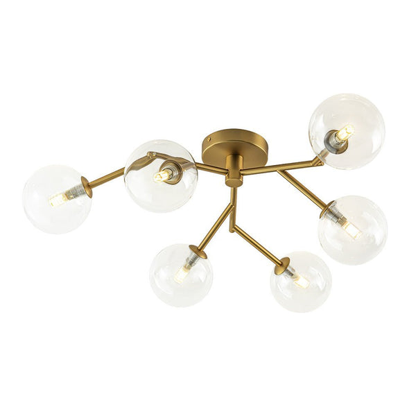 Chandelierias - Mid - century 6 - Light Clear Glass Globe Branch Semi - Flush Mount - Semi Flush - Gold -