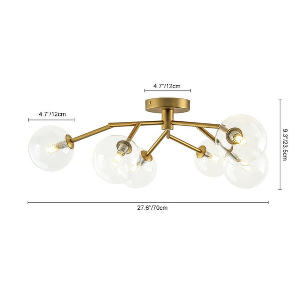 Chandelierias - Mid - century 6 - Light Clear Glass Globe Branch Semi - Flush Mount - Semi Flush - Gold -