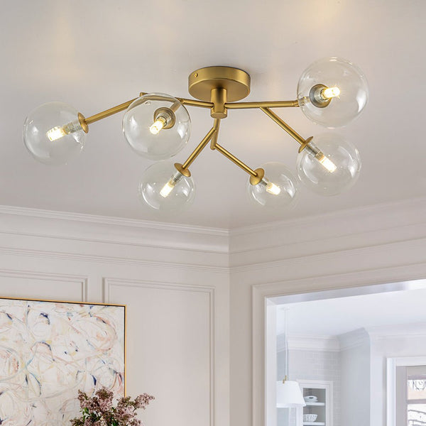 Chandelierias - Mid - century 6 - Light Clear Glass Globe Branch Semi - Flush Mount - Semi Flush - Gold -