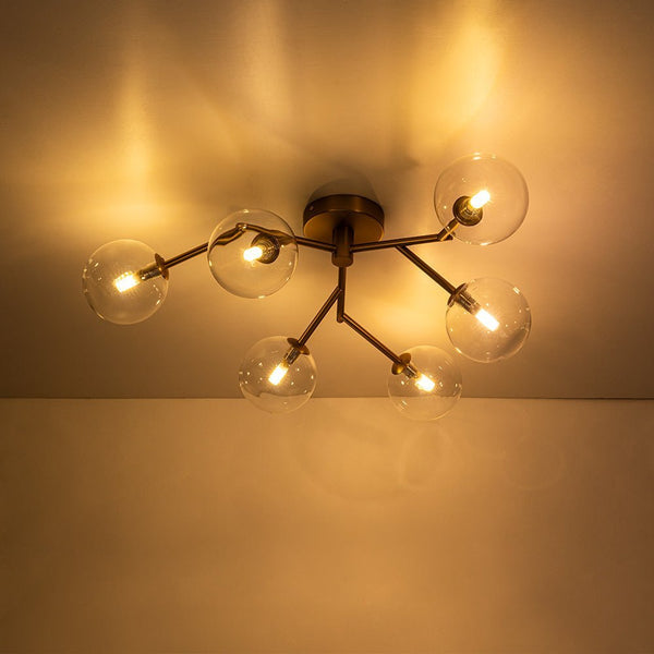 Chandelierias - Mid - century 6 - Light Clear Glass Globe Branch Semi - Flush Mount - Semi Flush - Gold -