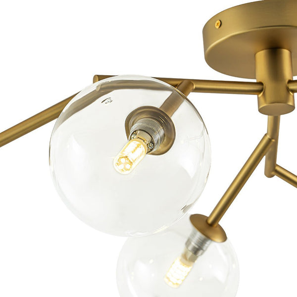 Chandelierias - Mid - century 6 - Light Clear Glass Globe Branch Semi - Flush Mount - Semi Flush - Gold -