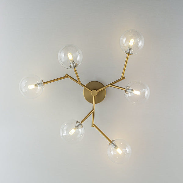 Chandelierias - Mid - century 6 - Light Clear Glass Globe Branch Semi - Flush Mount - Semi Flush - Gold -