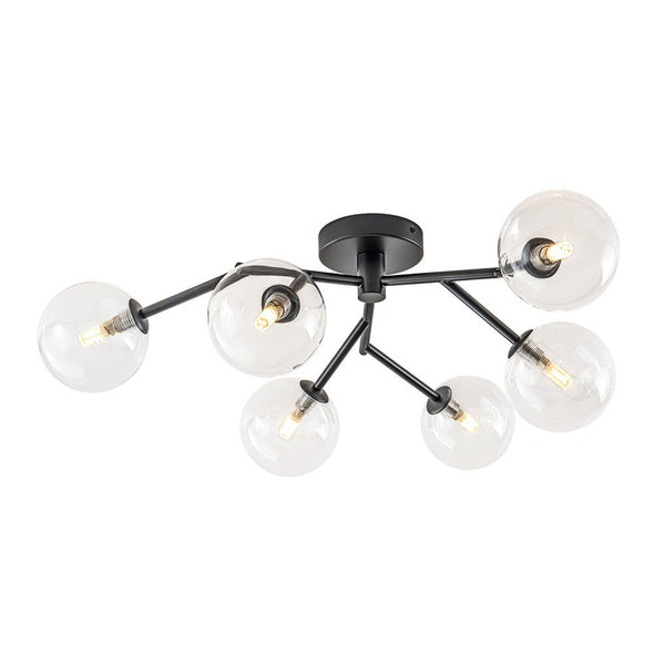 Chandelierias - Mid - century 6 - Light Clear Glass Globe Branch Semi - Flush Mount - Semi Flush - Matte Black -