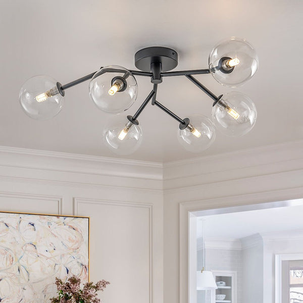 Chandelierias - Mid - century 6 - Light Clear Glass Globe Branch Semi - Flush Mount - Semi Flush - Matte Black -