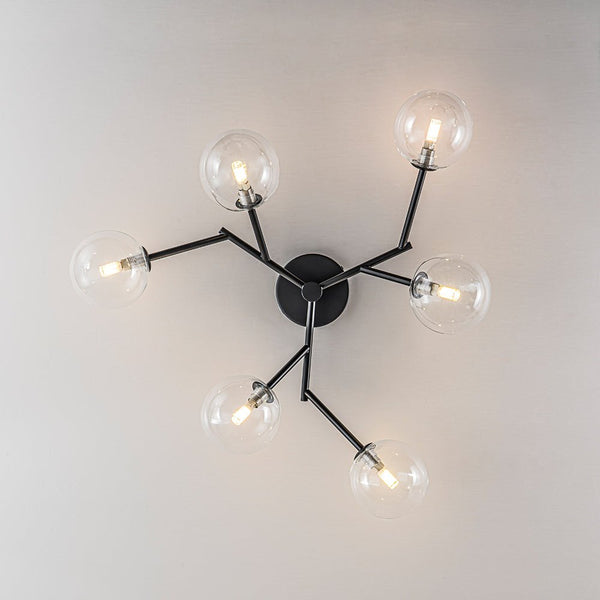 Chandelierias - Mid - century 6 - Light Clear Glass Globe Branch Semi - Flush Mount - Semi Flush - Matte Black -
