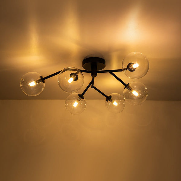 Chandelierias - Mid - century 6 - Light Clear Glass Globe Branch Semi - Flush Mount - Semi Flush - Matte Black -