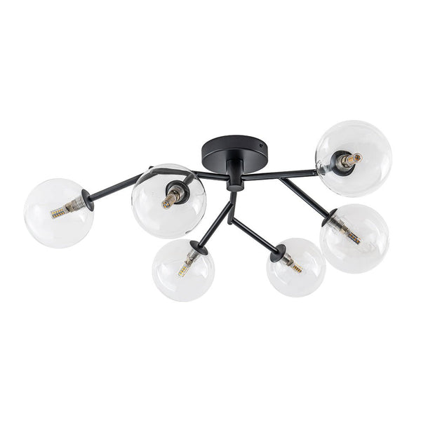 Chandelierias - Mid - century 6 - Light Clear Glass Globe Branch Semi - Flush Mount - Semi Flush - Matte Black -