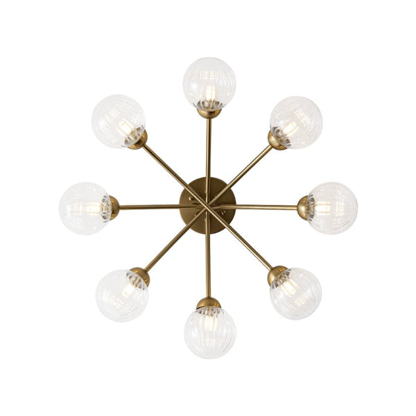 Chandelierias - Mid - century 6 - Light Vertically Ribbed Glass Globe Sputnik Semi - Flush Mount - Chandelier - Brushed Gold -