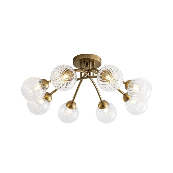 Chandelierias - Mid - century 6 - Light Vertically Ribbed Glass Globe Sputnik Semi - Flush Mount - Chandelier - Brushed Gold -