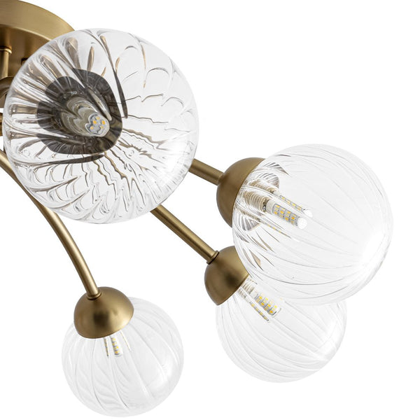 Chandelierias - Mid - century 6 - Light Vertically Ribbed Glass Globe Sputnik Semi - Flush Mount - Chandelier - Brushed Gold -