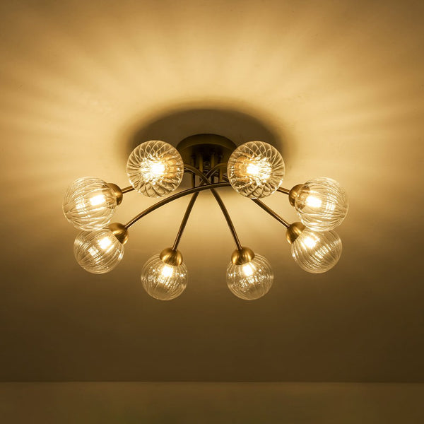 Chandelierias - Mid - century 6 - Light Vertically Ribbed Glass Globe Sputnik Semi - Flush Mount - Chandelier - Brushed Gold -