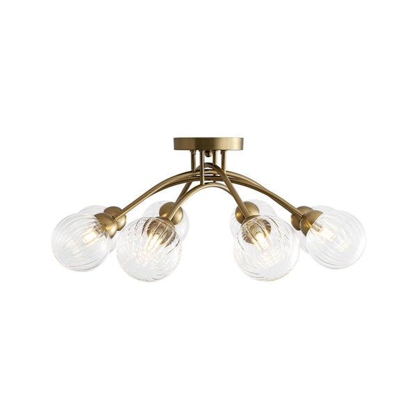 Chandelierias - Mid - century 6 - Light Vertically Ribbed Glass Globe Sputnik Semi - Flush Mount - Chandelier - Brushed Gold -
