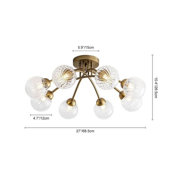 Chandelierias - Mid - century 6 - Light Vertically Ribbed Glass Globe Sputnik Semi - Flush Mount - Chandelier - Brushed Gold -