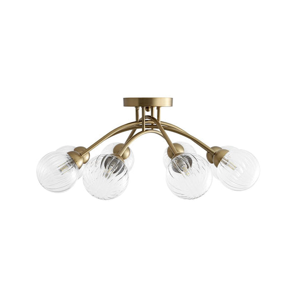 Chandelierias - Mid - century 6 - Light Vertically Ribbed Glass Globe Sputnik Semi - Flush Mount - Chandelier - Brushed Gold -