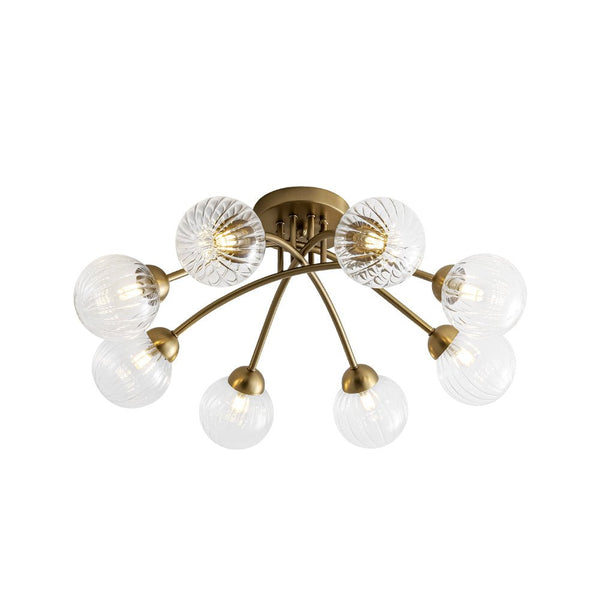 Chandelierias - Mid - century 6 - Light Vertically Ribbed Glass Globe Sputnik Semi - Flush Mount - Chandelier - Brushed Gold -
