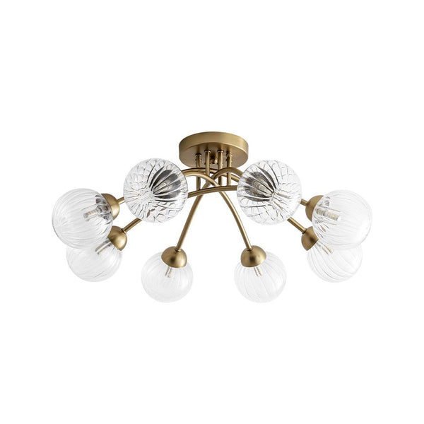 Chandelierias - Mid - century 6 - Light Vertically Ribbed Glass Globe Sputnik Semi - Flush Mount - Chandelier - Brushed Gold -