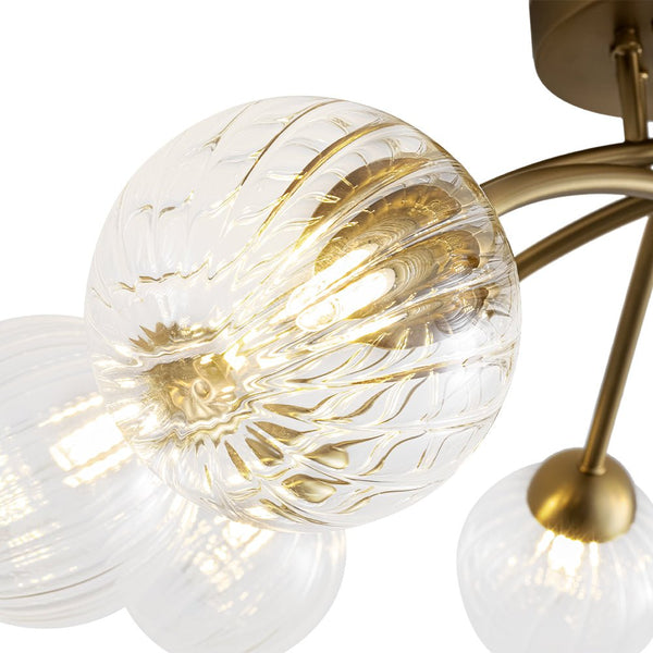 Chandelierias - Mid - century 6 - Light Vertically Ribbed Glass Globe Sputnik Semi - Flush Mount - Chandelier - Brushed Gold -