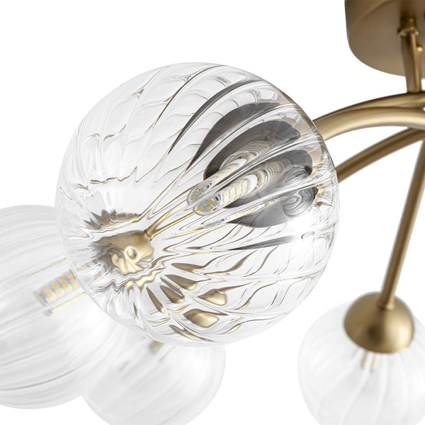 Chandelierias - Mid - century 6 - Light Vertically Ribbed Glass Globe Sputnik Semi - Flush Mount - Chandelier - Brushed Gold -