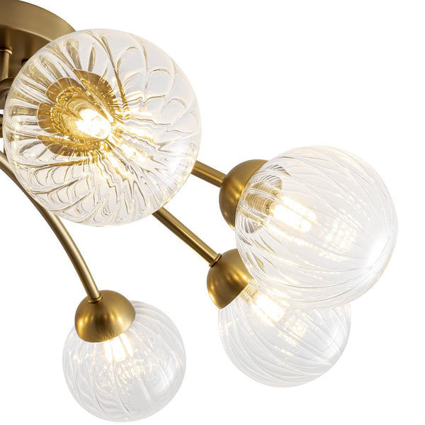 Chandelierias - Mid - century 6 - Light Vertically Ribbed Glass Globe Sputnik Semi - Flush Mount - Chandelier - Brushed Gold -